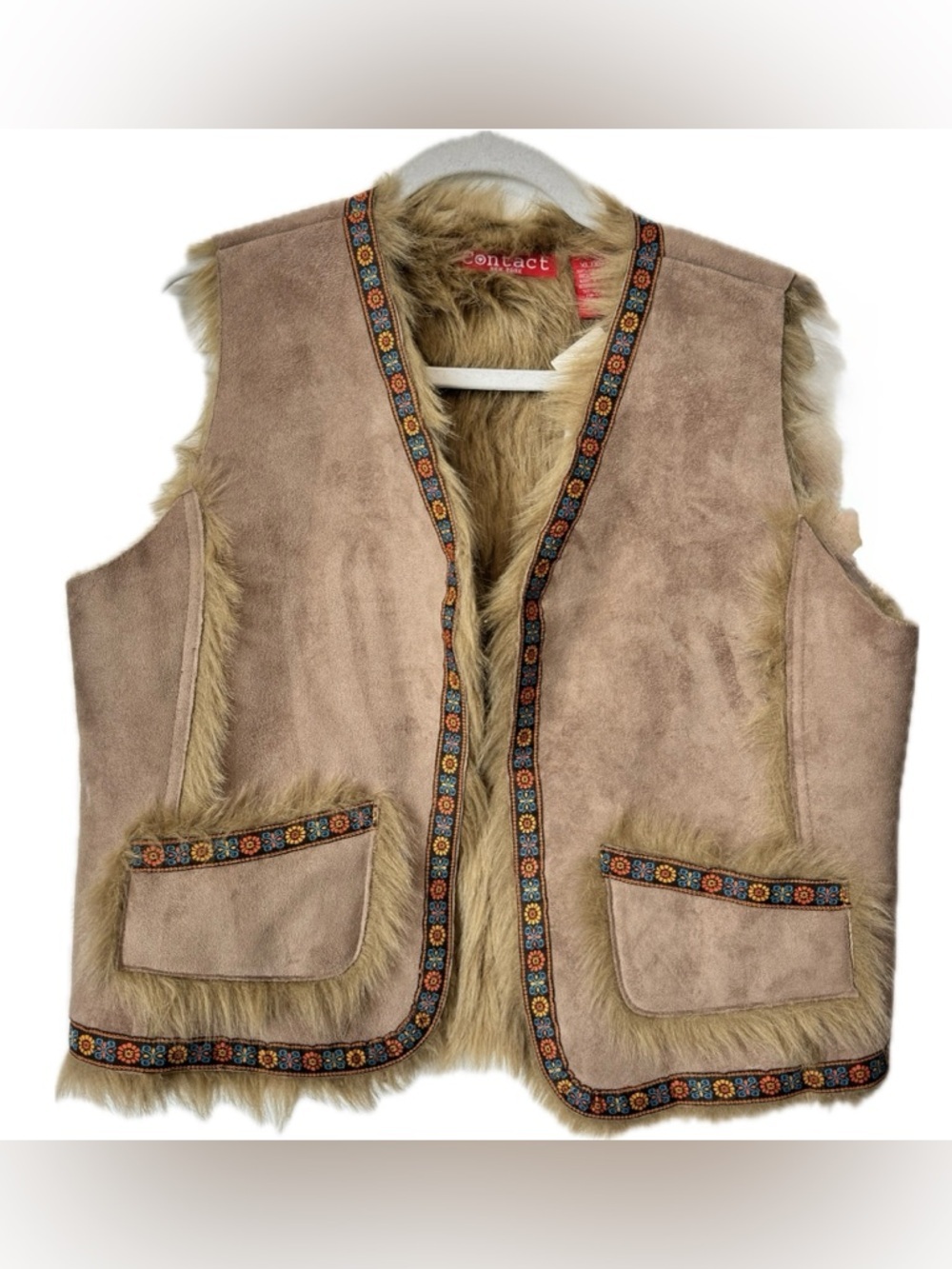 Contact New York Faux Suede & Faux Fur Trim Vest Boho Western Tan Size XL